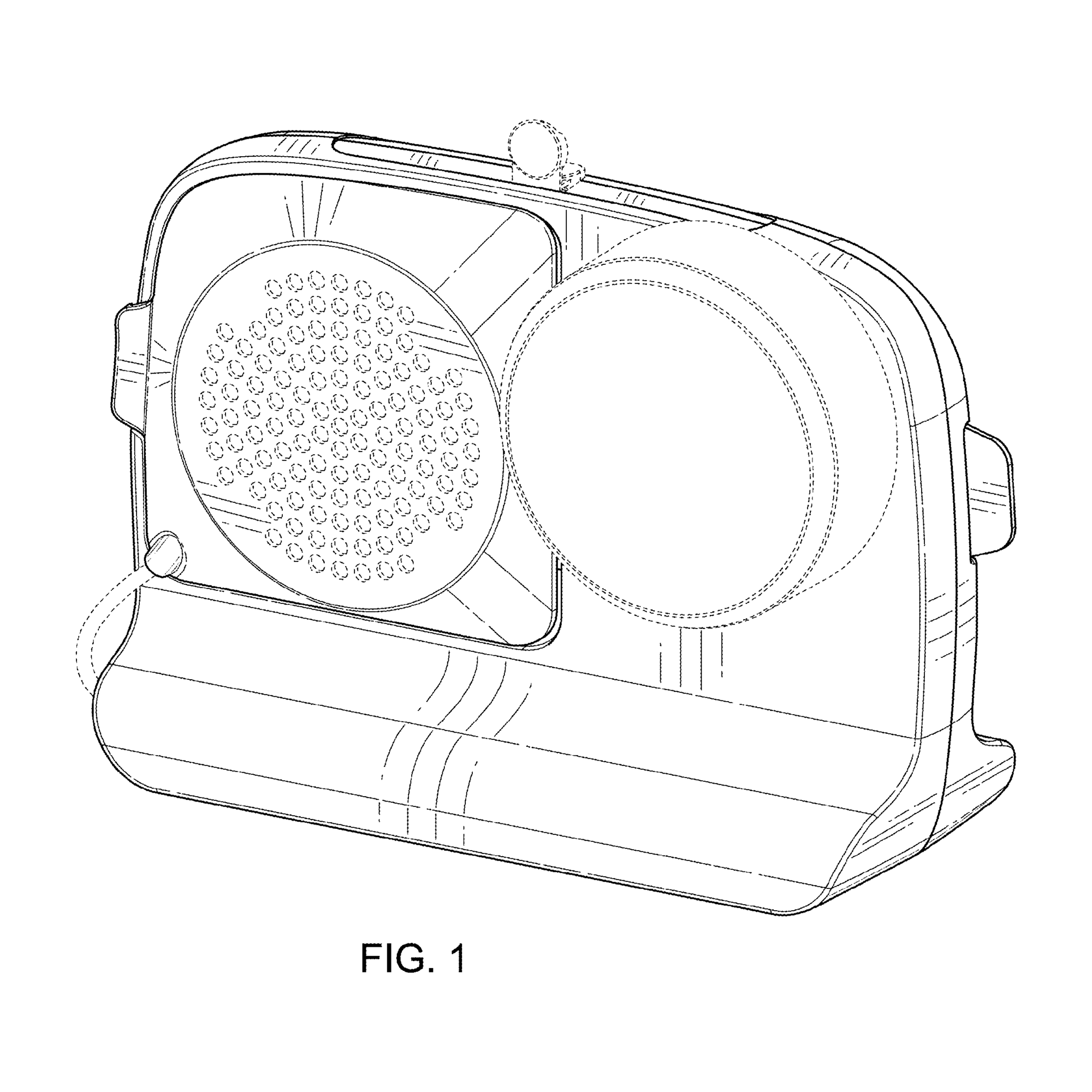 FIG. 1 from U.S. Design Patent D1,131,595: perspective drawing of the BallerCam camera housing. Solid lines show the claimed design; broken lines show unclaimed detail.