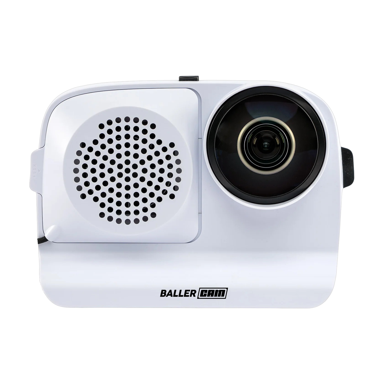 BallerCam camera with its wide-angle lens attachment and housing, viewed from the front.