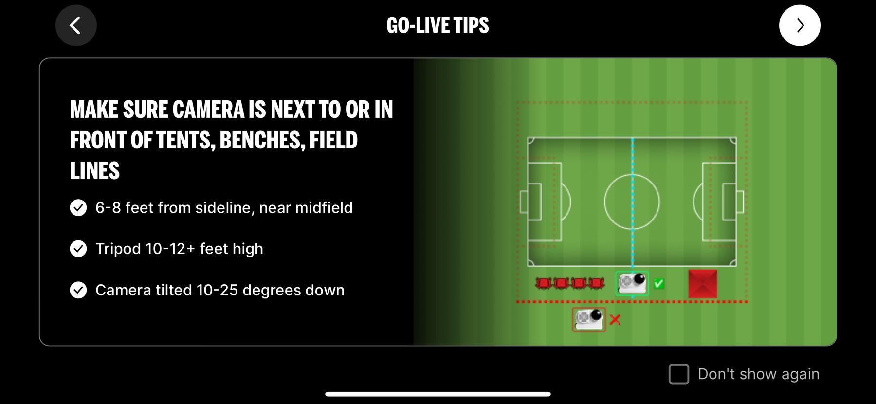 BallerCam app Go-Live Tips showing recommended soccer camera placement